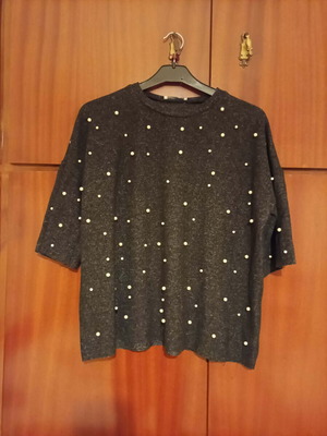 Zara pullover used, grey-black with trois-quarts sleeves and pearls, size S