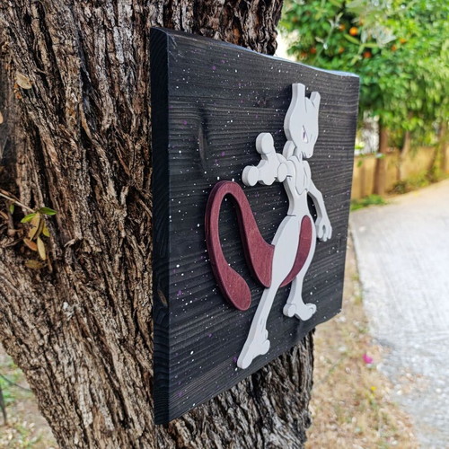 Handmade wooden Mewtwo wall decor, Pokémon, 28x28 cm