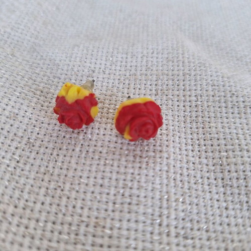 Polymer clay rose earrings custom made, two-tone