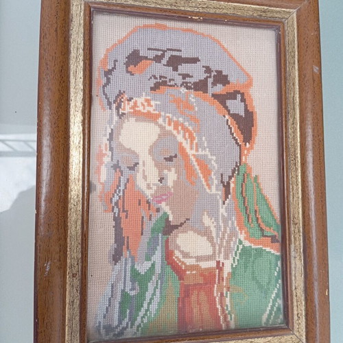 Vintage embroidered handmade textile painting from the 60s used
