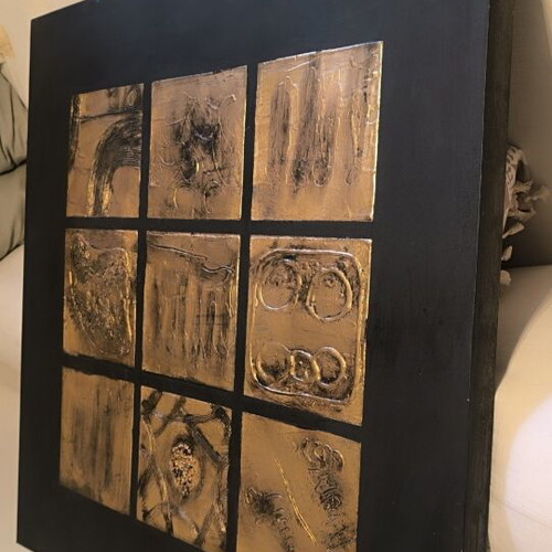 Handmade Embossed Wall Art 100x100 cm, Black & Gold Bronze