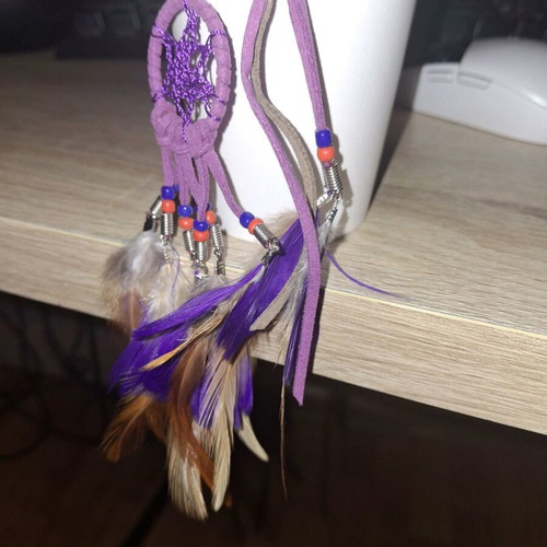 Handmade earrings with feathers and beads, new, purple and brown