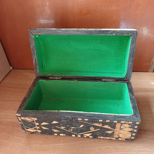 Vintage handmade wooden box used with green felt lining