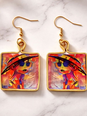 Vabulous handmade earrings with abstract female design, multicolor, gold-tone