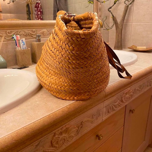 Straw bag large with leather handles used, beige