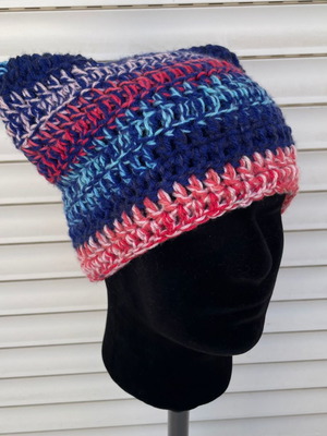 Crochet beanie with cat ears new, navy with colorful stripes