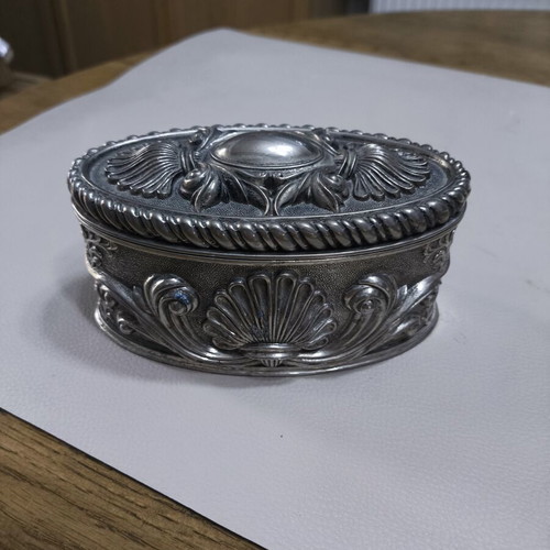 Silver-plated vintage jewelry box used, dark blue velvet interior