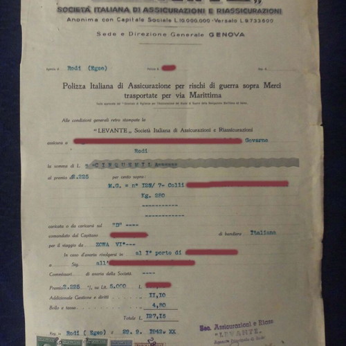 Levante insurance policy 1942 used with 5 Italian stamps
