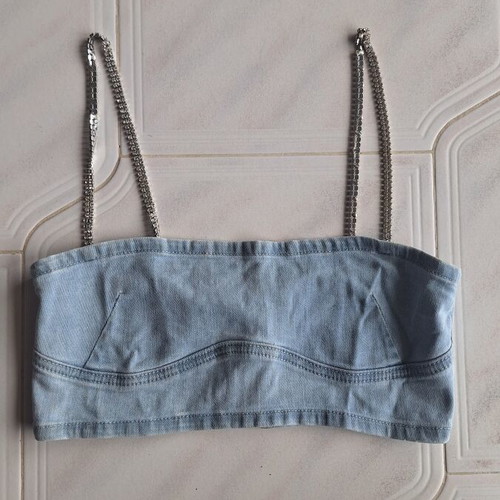 Bershka Denim Crop Top with Rhinestone Straps size S like new