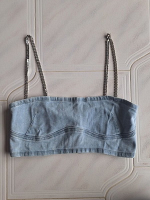 Bershka Denim Crop Top with Rhinestone Straps size S like new