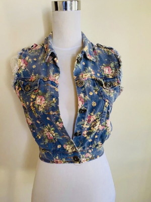Floral denim vest new, size small, multicolor