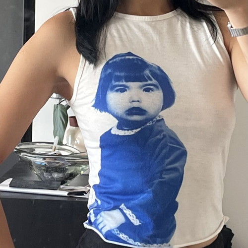 Vintage graphic tank top, white with blue girl print, size S