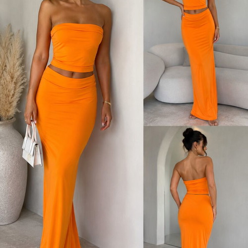 Decoro orange maxi skirt and top set