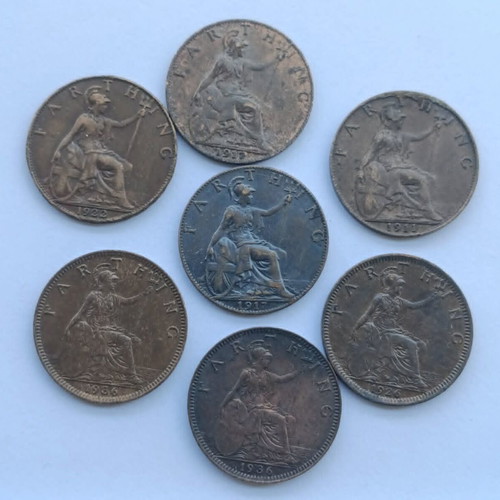 George V Farthings used, lot of 7 coins 1911-1936