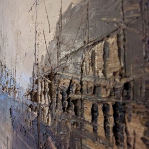 Oil painting used with embossed texture and harbor view