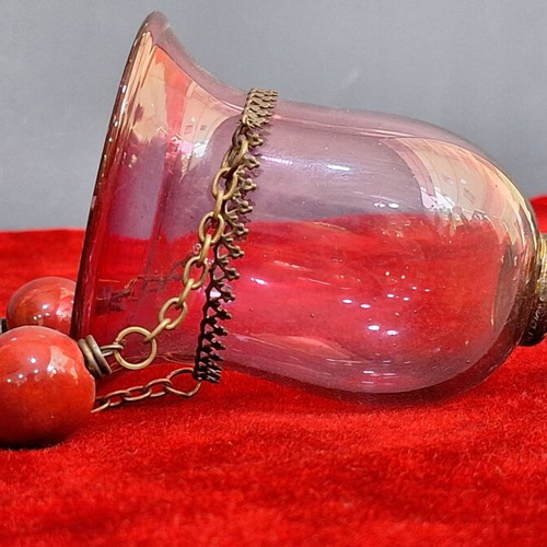 Hanging lamp used, blown red glass with ceramic balls and cross