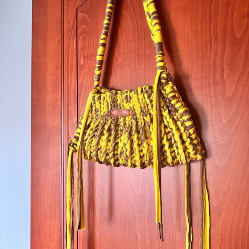 Handmade crochet shoulder bag in yellow and brown