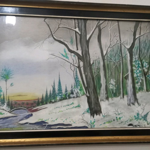 Framed painting with snowy landscape and gilded frame, like new