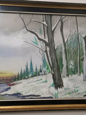 Framed painting with snowy landscape and gilded frame, like new