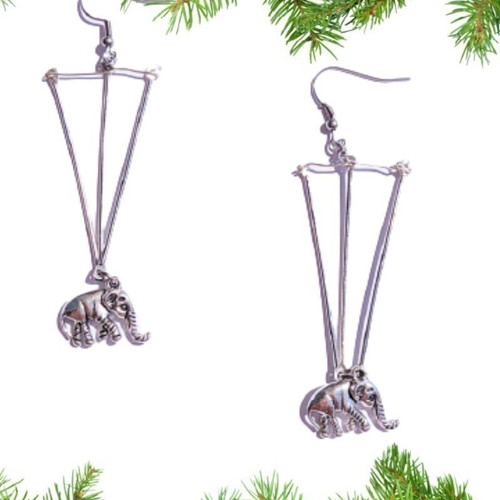 Handmade Long Geometric Triangle Earrings with Elephant Charm Steel New Silver