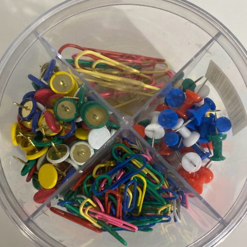 Box with pins and paper clips used, 4 compartments