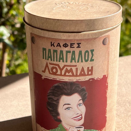 Metal round tin coffee Papagalos Loumidis new