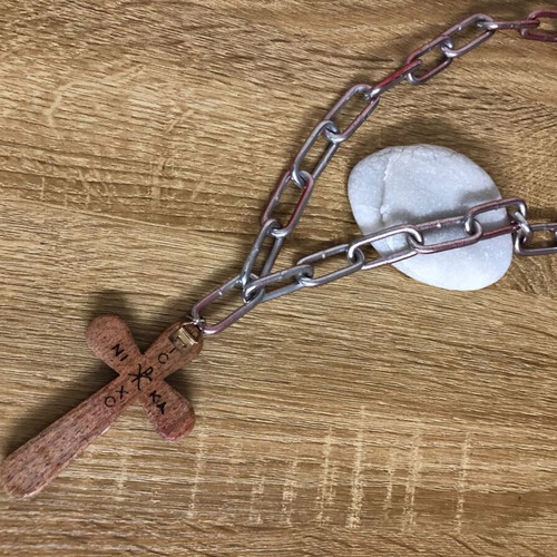 Industrial Blood-Splatter Paperclip Chain with Wooden Icon Crucifix Pendant new