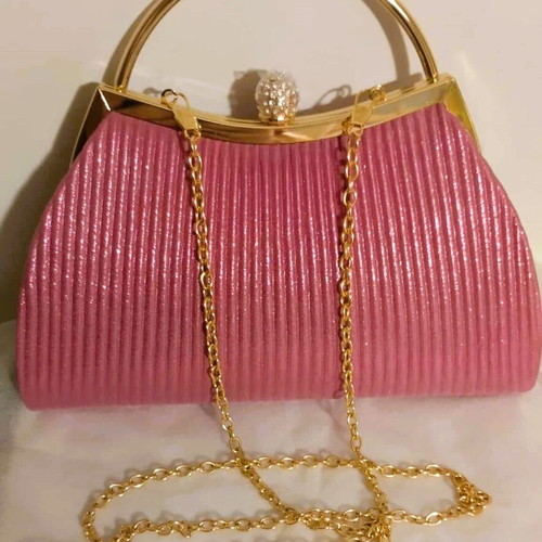 Vintage style fuchsia-magenta satin pleated bag new with strass clasp