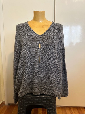 Charcoal knit loose sweater with open neckline and chest cutouts, size S/M