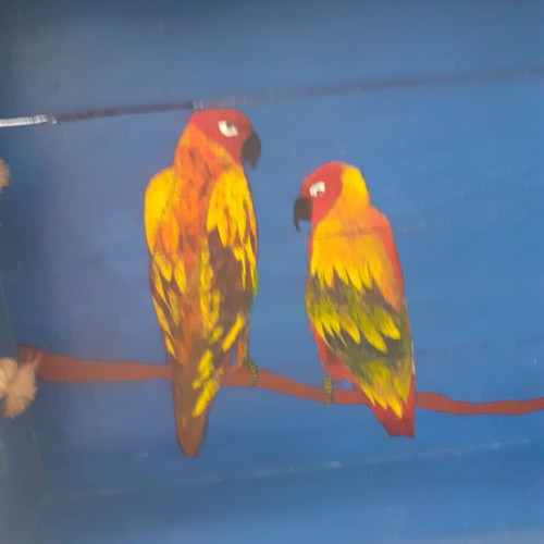 Wooden tray with hand-painted parrots like new, 50×30 cm