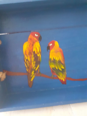 Wooden tray with hand-painted parrots like new, 50×30 cm