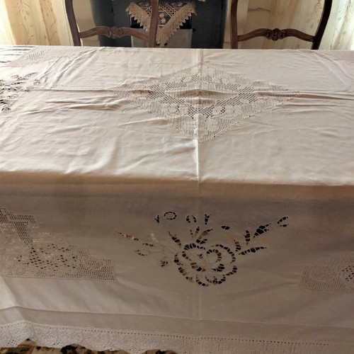Handmade tablecloth used with knitted corners, lace and cutwork