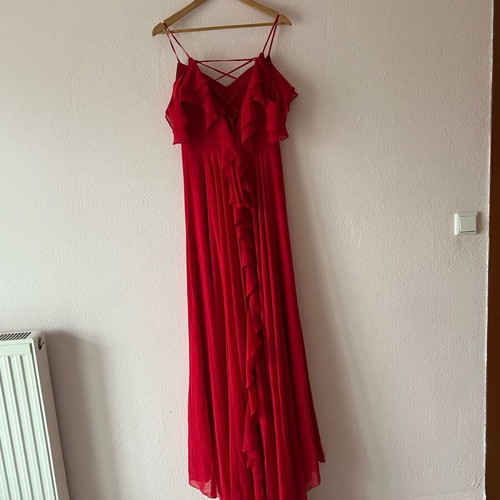 Red maxi dress with ruffles, slit and open back like new