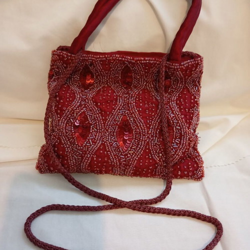 Vintage hand-beaded burgundy shoulder bag, made in India