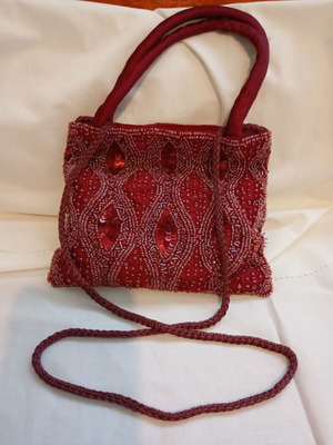 Vintage hand-beaded burgundy shoulder bag, made in India