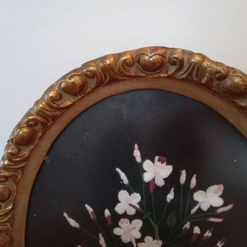 Embroidery in wooden carved frame handmade of exceptional quality