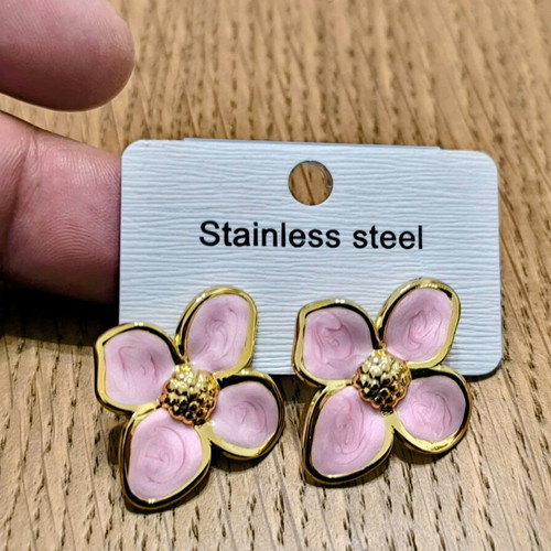 Flower earrings new stainless steel pink/gold