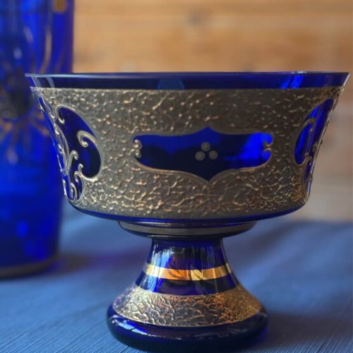 Crystal vase and fruit bowl blue with gilded details used