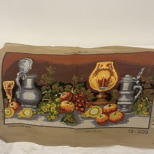 Gobelin textile painting like new, 73 x 40 cm, fruit and lamp design