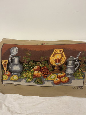 Gobelin textile painting like new, 73 x 40 cm, fruit and lamp design