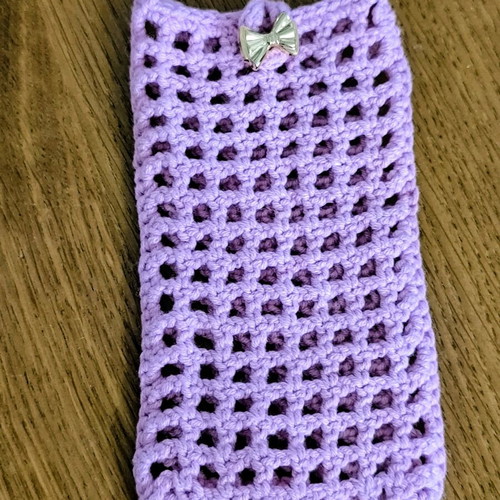 Handmade purple crochet phone case with strap
