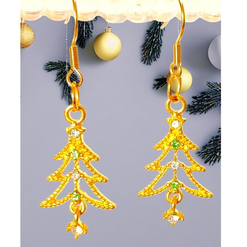 Handmade stainless steel Christmas tree earrings new with emerald and zircon