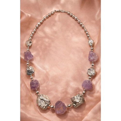 Silver 925 necklace new with amethyst minerals 59 cm, plated platinum