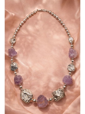 Ασημένιο 925 κολιέ καινούργιο με ορυκτούς Αμέθυστους 59 εκ, επιπλατινωμένο