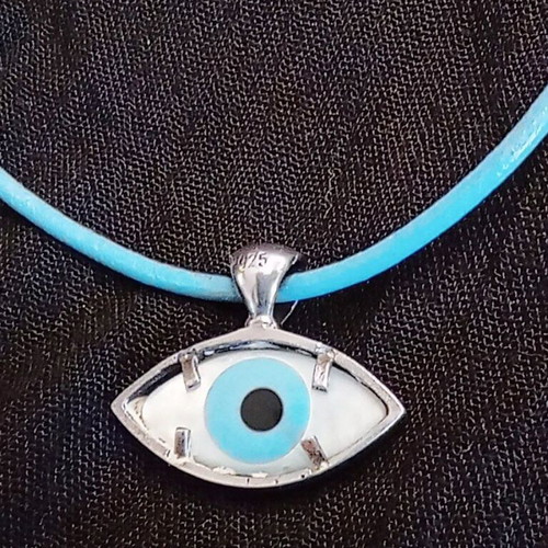 Silver Pendant Evil Eye 925 with Turquoise Leather Cord like new