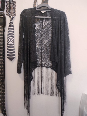 Whimsigoth Lace Sheer Coverup Waterfall Cardigan with Fringe size S, like new