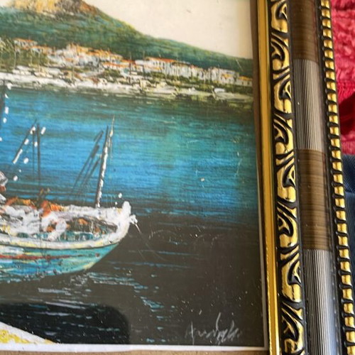 Painting with framed boat image new, 25x20 cm