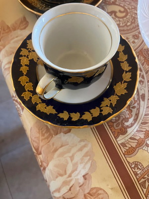 Merry Lane Design vintage porcelain cup and saucer with 24K gold details cobalt blue