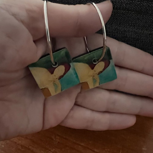 Art-Inspired Earrings Modigliani Portrait Design like new, silver hoops
