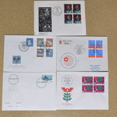 Swiss First Day Covers FDC like new lot of 5 with blocks 1965–1966